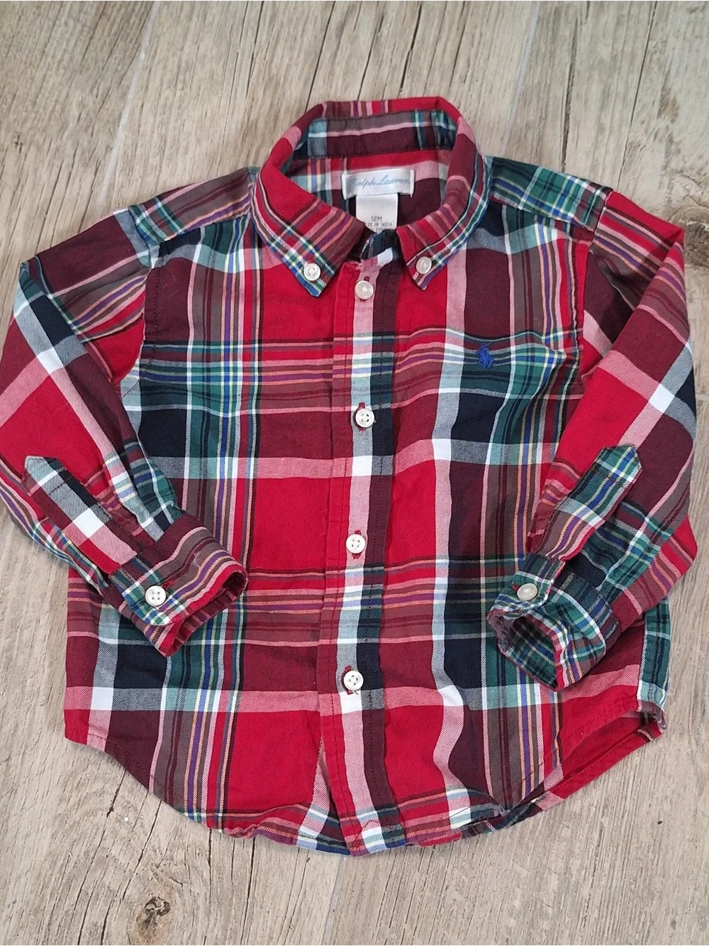 Ralph Lauren Baby Boys Red Plaid Button Down Shirt 12M Long Sleeve Cotton
